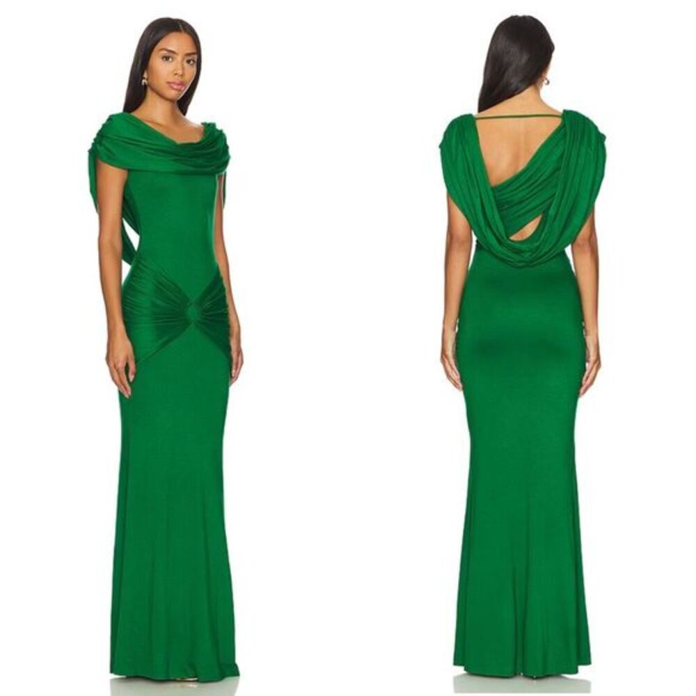 NWT Yaura Ruched Draped Jersey Stretch Aanu Maxi Dress Green Size UK6/US 2 $265